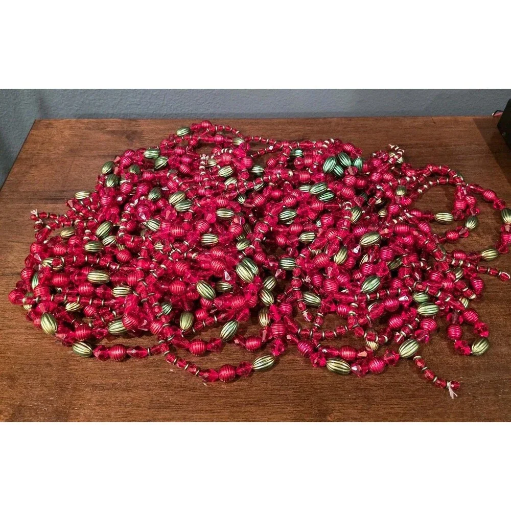 8 Vintage Red Green Plastic Bead Christmas Garland FACET Unbreakable 72 Ft.